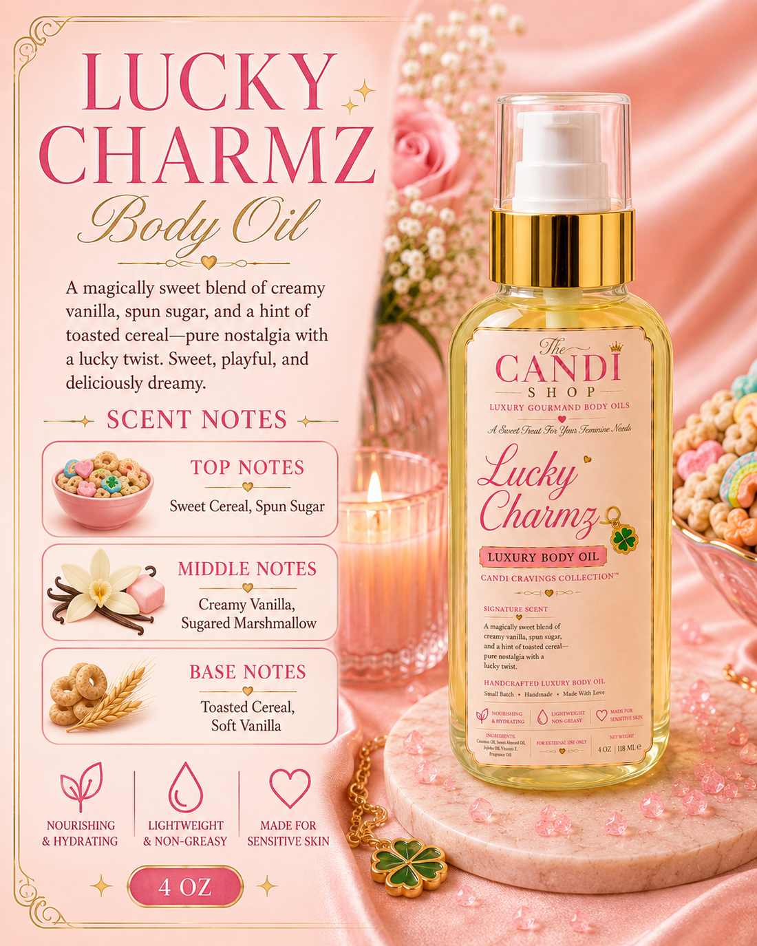 A bottle of Candi Shop Lucky Charmz Luxury Body Oil is displayed on a pink marble coaster, surrounded by pink roses, a lit candle, and a bowl of colorful cereal in a soft pink setting.