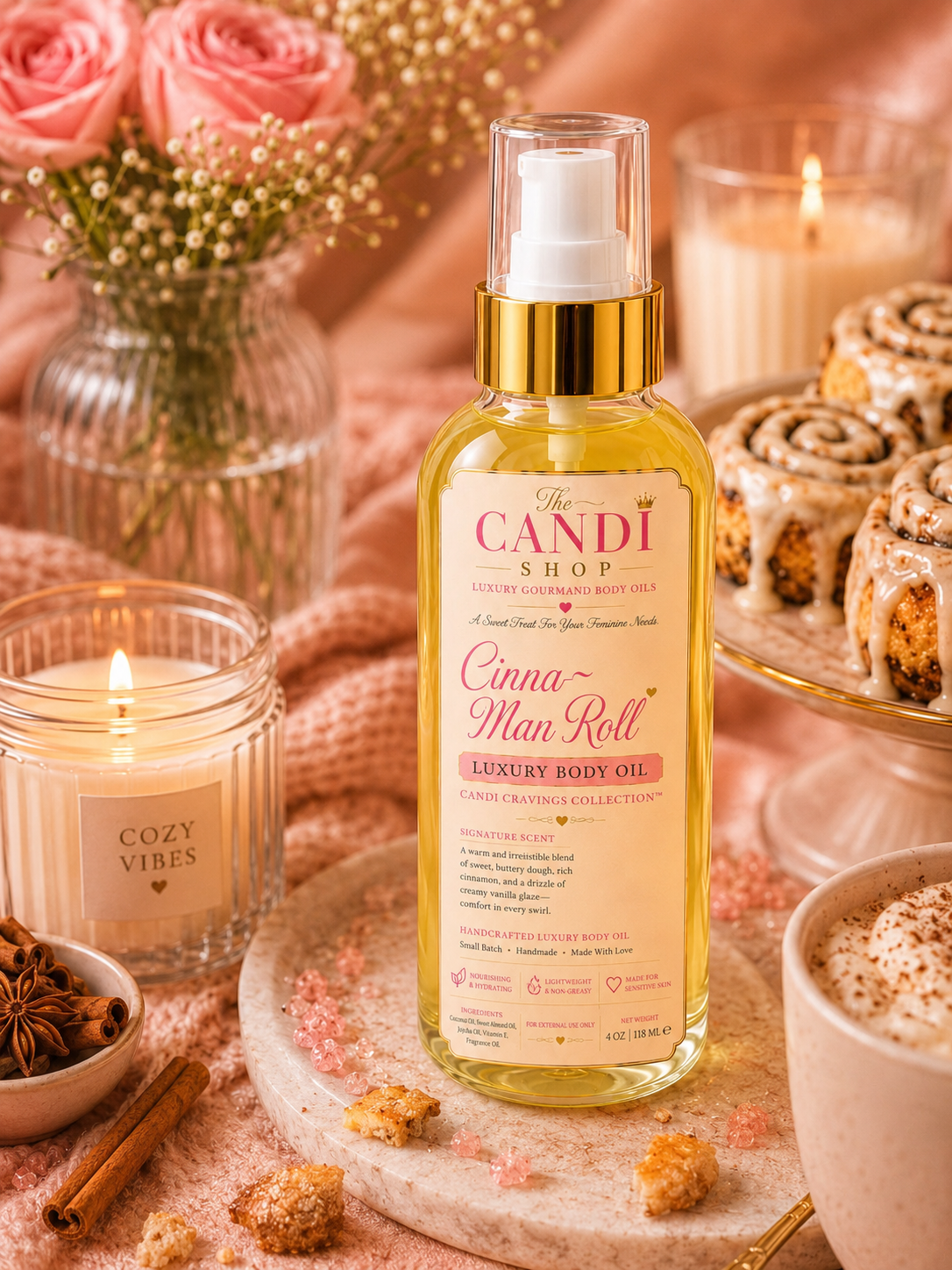 A bottle of Candi Shop Cinnamon Roll Luxury Body Oil stands on a marble board in a cozy, warm setting with candles, pink roses, cinnamon rolls, and a hot coffee cup.