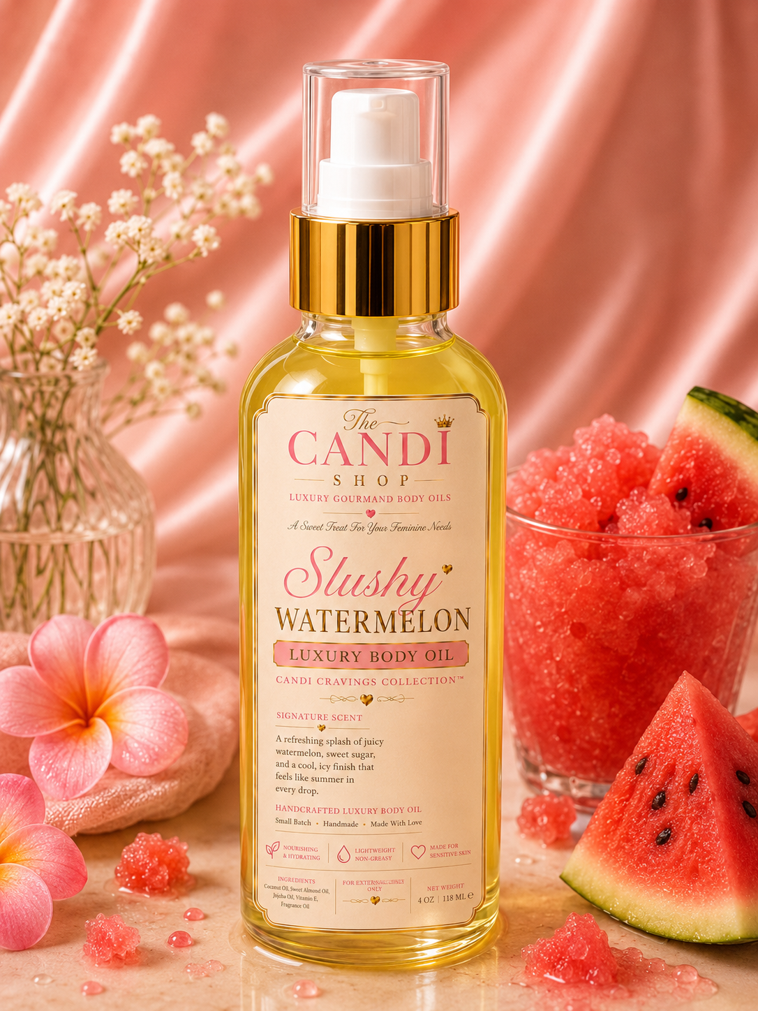 A bottle of The Candi Shop Slushy Watermelon Luxury Body Oil, filled with yellow oil and featuring a gold collar, set against a pink satin background with watermelon slices, pink flowers, and pink bath salts.