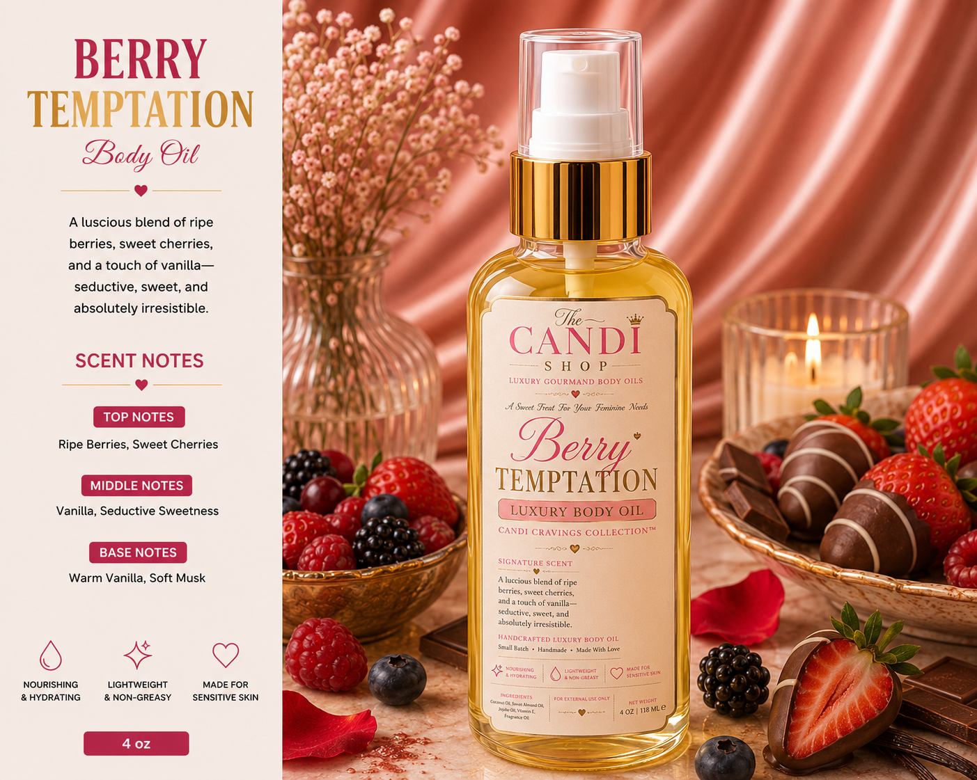 A bottle of Candi Shop Berry Temptation Luxury Body Oil is centered against a warm pink satin background with strawberries, blackberries, and chocolates around it. A vertical text panel on the left lists scent notes and features.