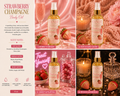 A 4-panel promotional collage for Candi Strawberry Champagne Body Oil, showing the 4 oz bottle in different mood scenes alongside descriptive text on the left. The scenes feature pink tones, strawberries, candles, and elegant glassware, with text describing scent notes and four mood options: Rusily & Bright, Soft & Glowy, Sweet & Playful, and Rich & Luxurious.