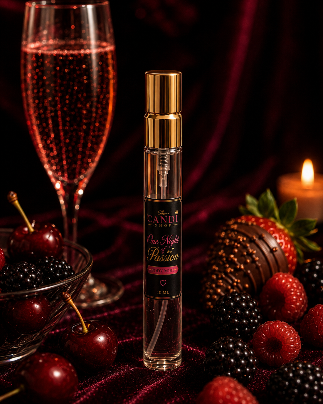 A bottle of 'The Candi Shop' One Night of Passion Body Mist is shown in a dark, festive setting with a champagne flute, candles, and berries. The bottle has a black label with gold and pink lettering, a gold collar, and a white spray top.