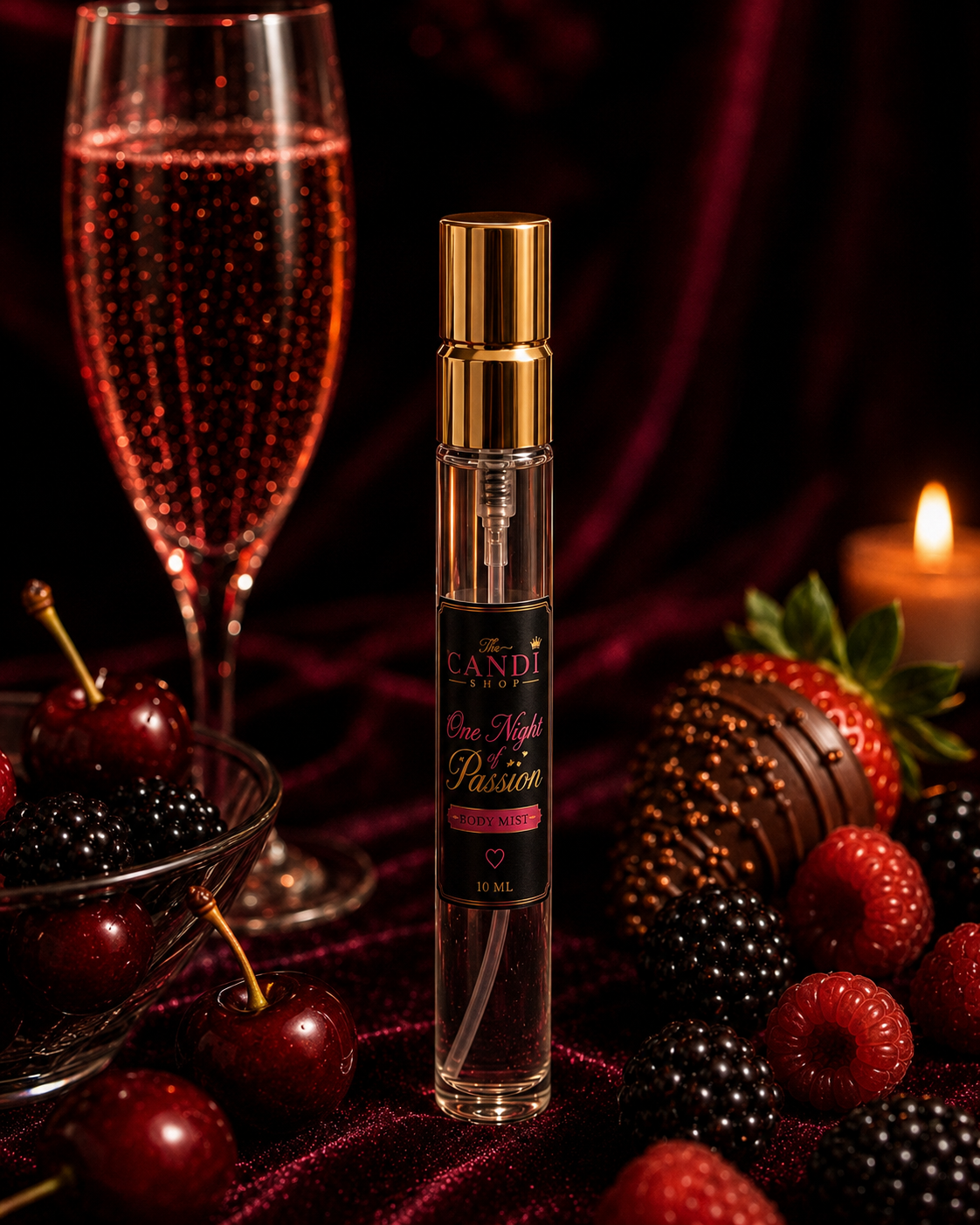 A 10 mL clear glass perfume spray bottle with a shiny gold cap and a black label reading 'The Candy Experience' and 'One Night Passion', styled on a dark red velvet surface with cherries, blackberries, raspberries, a champagne flute, and a lit candle.