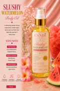 A bottle of Candi Shop Slushy Watermelon Body Oil is displayed on a pink satin background with watermelon slices, pink plumeria flowers, and descriptive text detailing the scent notes.