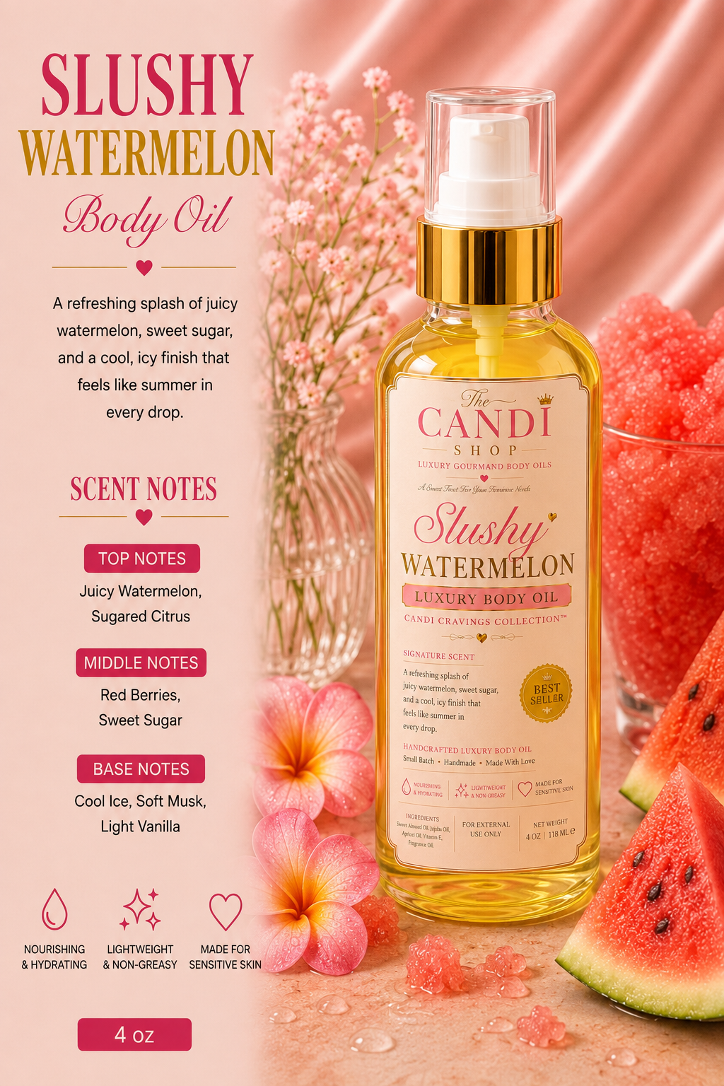 A bottle of Candi Shop Slushy Watermelon Body Oil is displayed on a pink satin background with watermelon slices, pink plumeria flowers, and descriptive text detailing the scent notes.