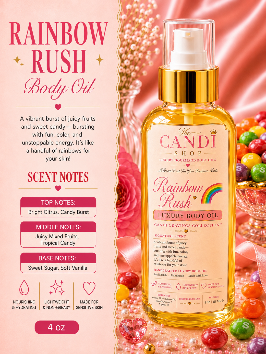 A bottle of The Candi Shop Rainbow Rush Luxury Body Oil centered in a styled scene with pink satin fabric, flowers, pearls, candy, and ribbon. The product is a clear bottle filled with golden-yellow oil, topped with a white pump and gold collar, and the front label reads 'The Candi Shop' and 'Rainbow Rush'.