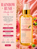A bottle of The Candi Shop Rainbow Rush Luxury Body Oil centered on a pink promotional background with candy graphics and scent notes. The product is a clear bottle filled with golden-yellow oil, topped with a white pump and gold cap.
