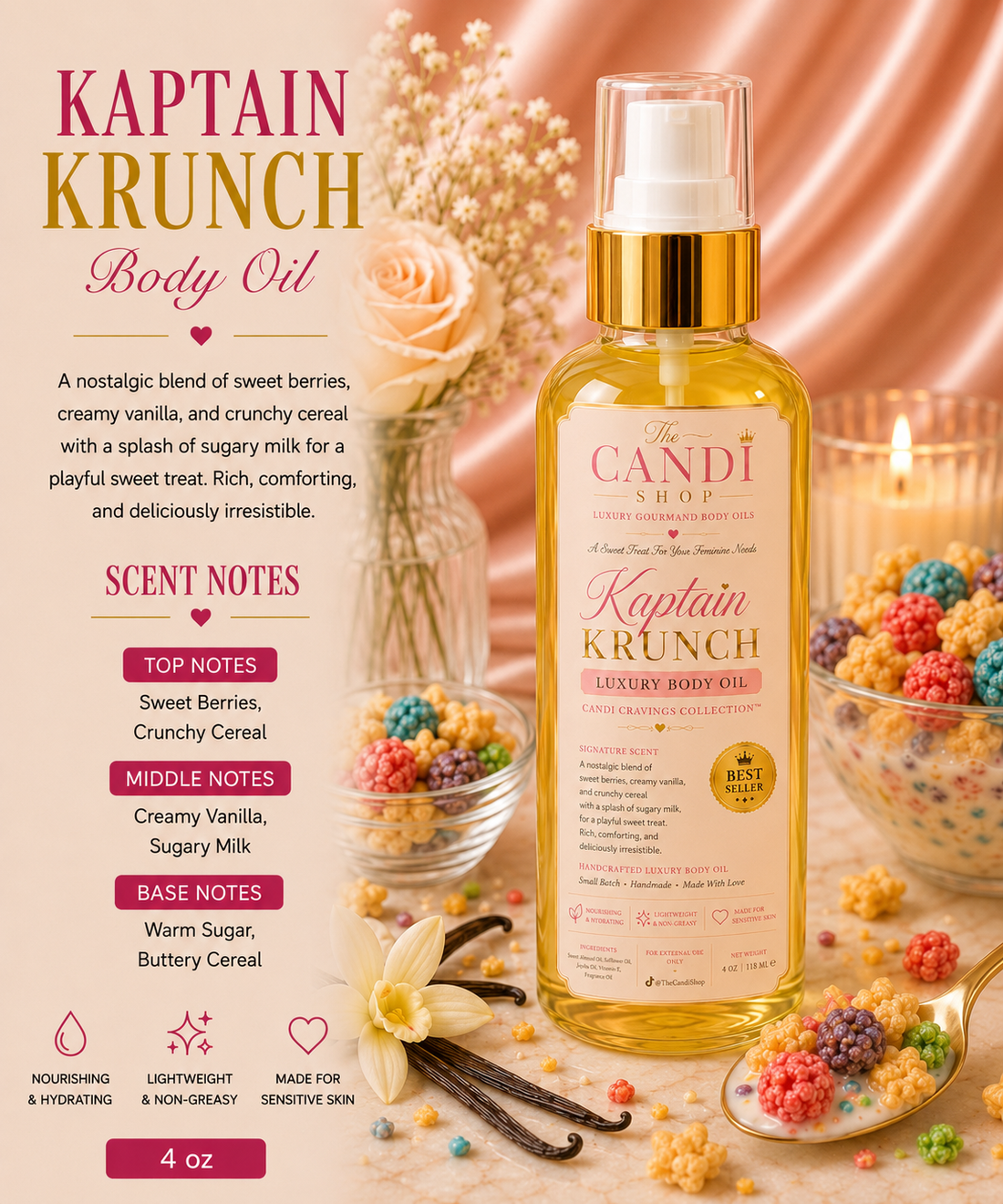 A bottle of Kaptain Krunch Body Oil by The Candi Shop is displayed against a warm, pink-toned background with decorative food and floral props. The bottle is clear glass with a golden liquid inside, a gold pump collar, and a cream label with pink and gold text.