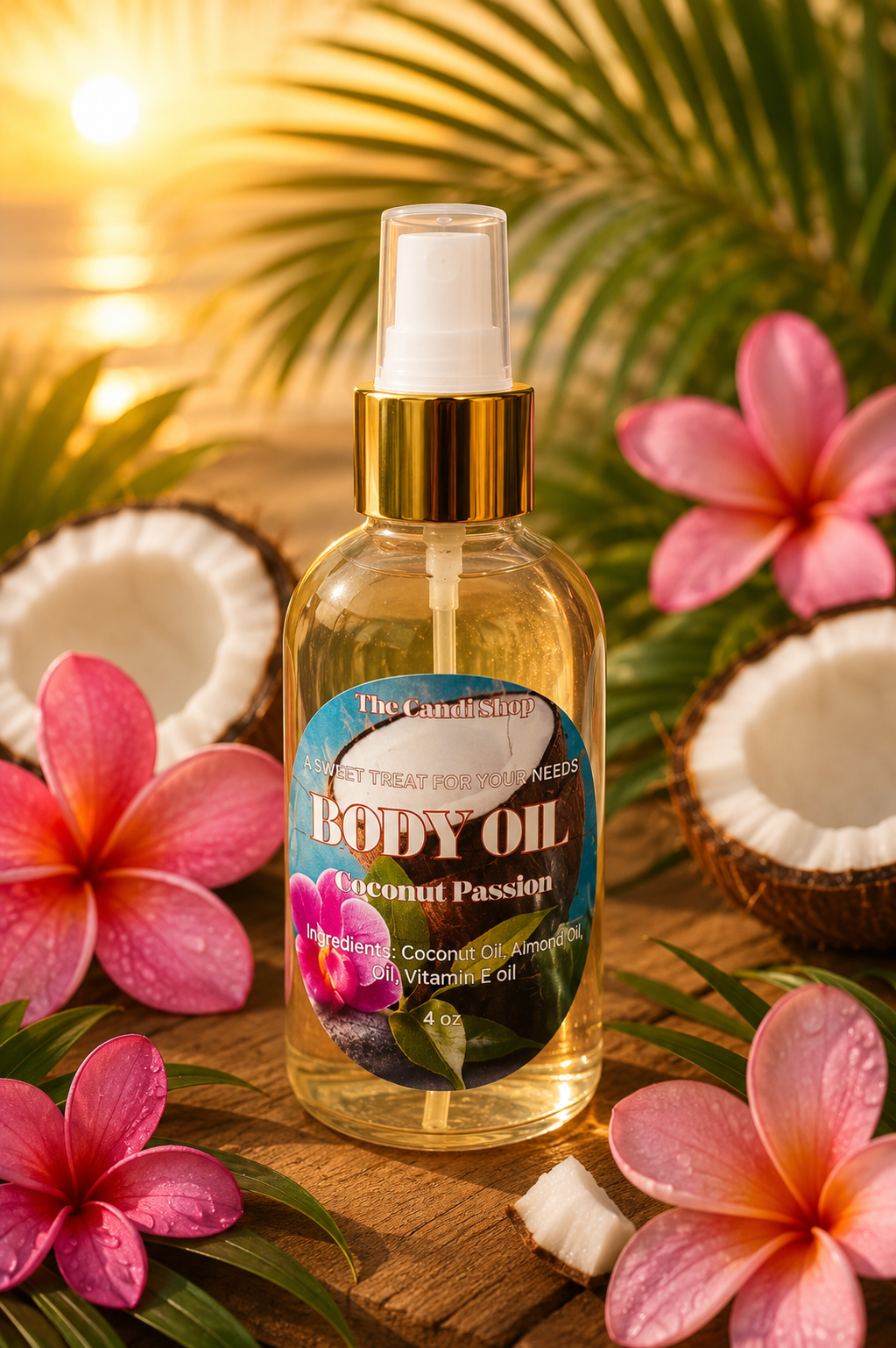 A bottle of coconut passion body oil with a gold cap and white spray top, surrounded by pink flowers, coconut halves, and green palm leaves on a wooden surface with a warm sunset background.