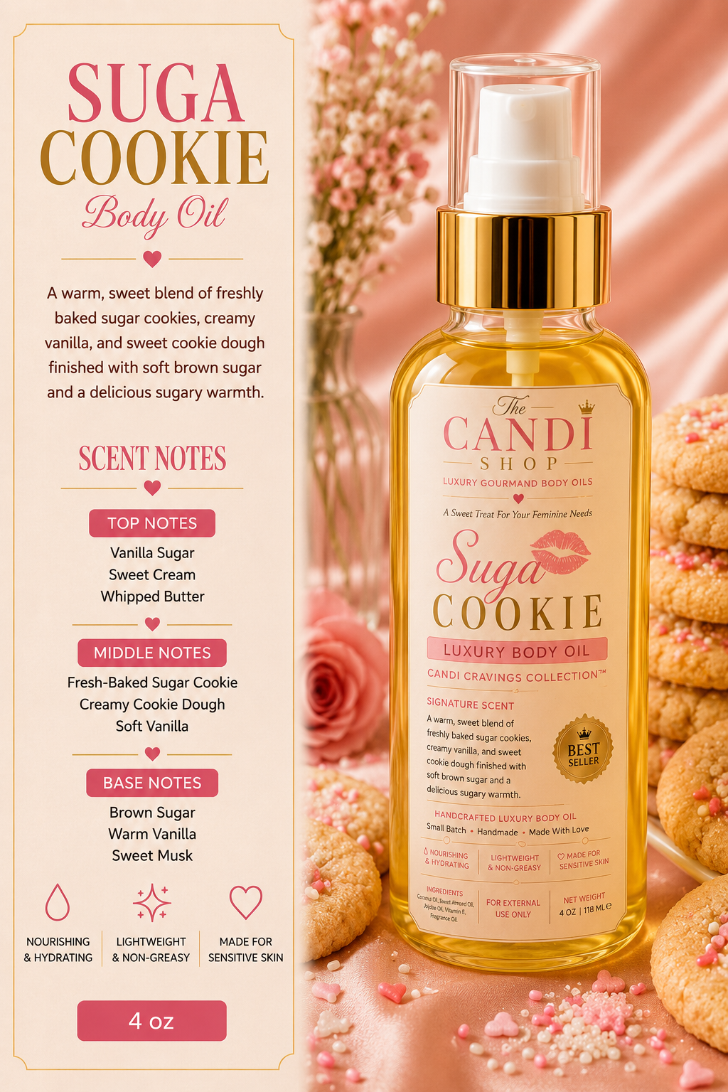 A bottle of The Candi Shop Sugar Cookie Luxury Body Oil, filled with golden yellow oil and featuring a gold collar, set against a pink satin background with pink flowers and sugar cookies.