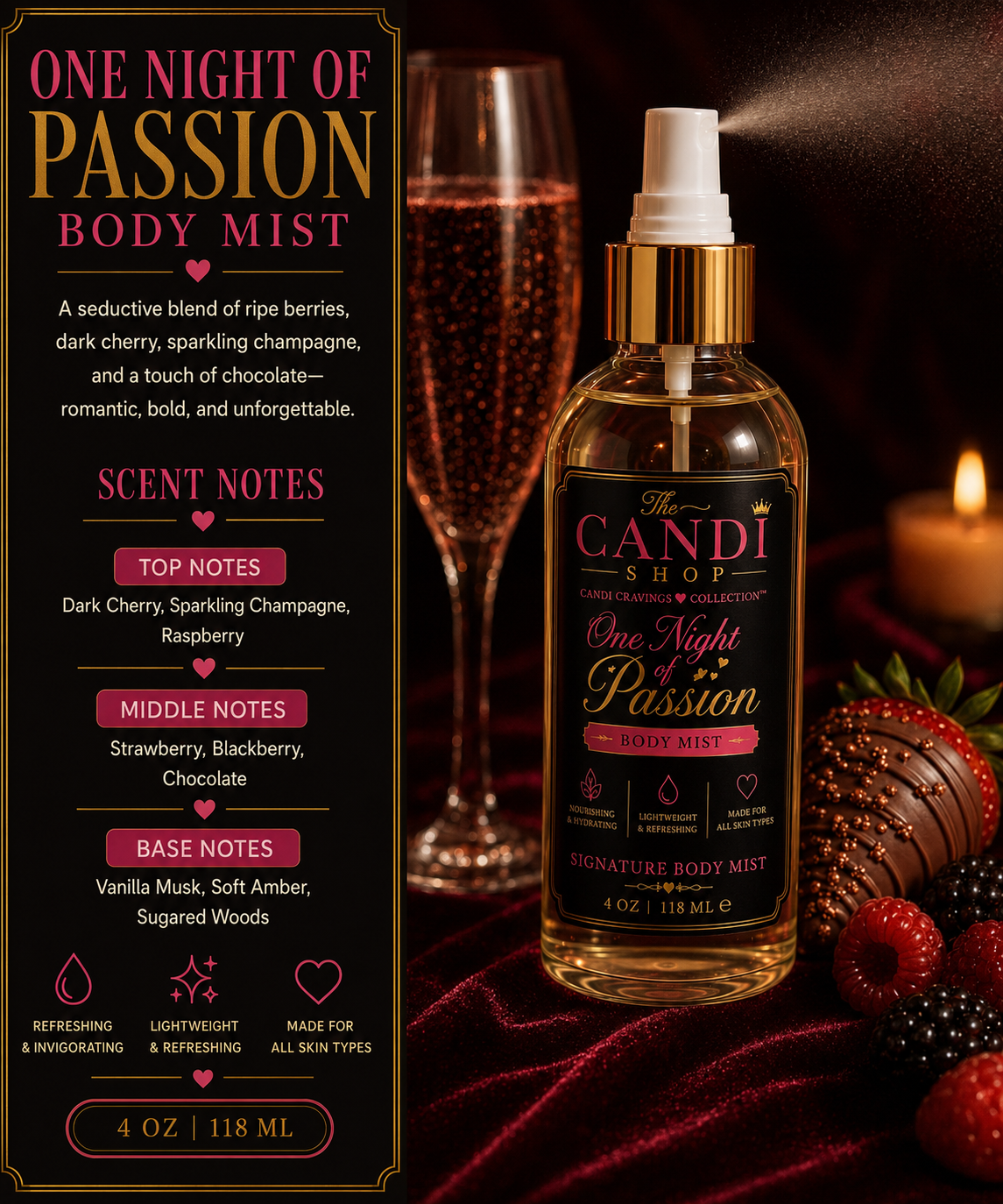 A bottle of 'One Night of Passion' body mist by 'The Candi Shop' is displayed on a dark red velvet cloth with strawberries, a lit candle, and a champagne flute in the background. A detailed scent notes graphic is shown on the left.