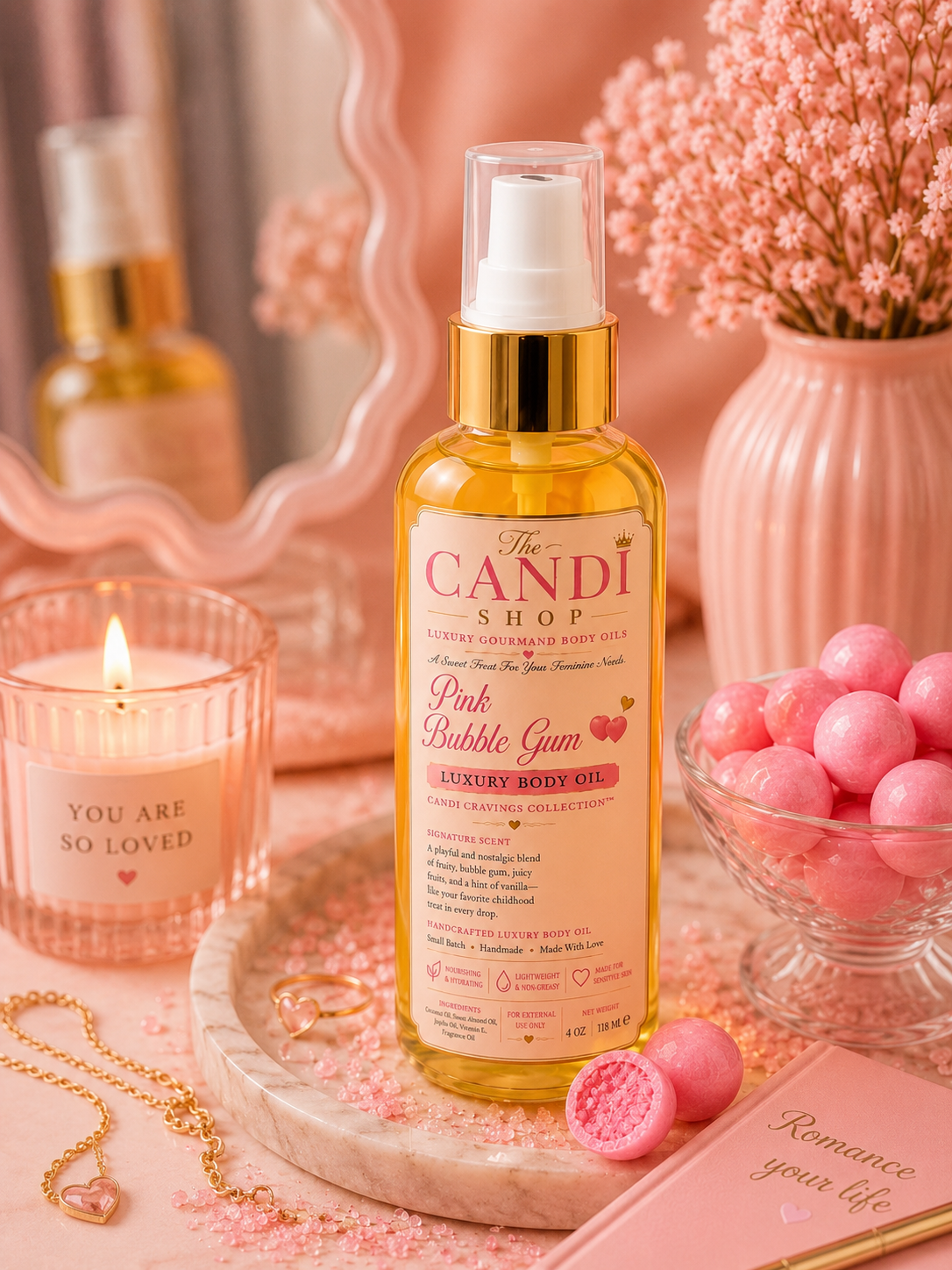 A bottle of The Candi Shop Pink Bubble Gum Luxury Body Oil centered on a marble tray, surrounded by pink bath-themed props including a candle, bowl of pink bath balls, dried flowers, and a notebook in a soft pink lifestyle setting.