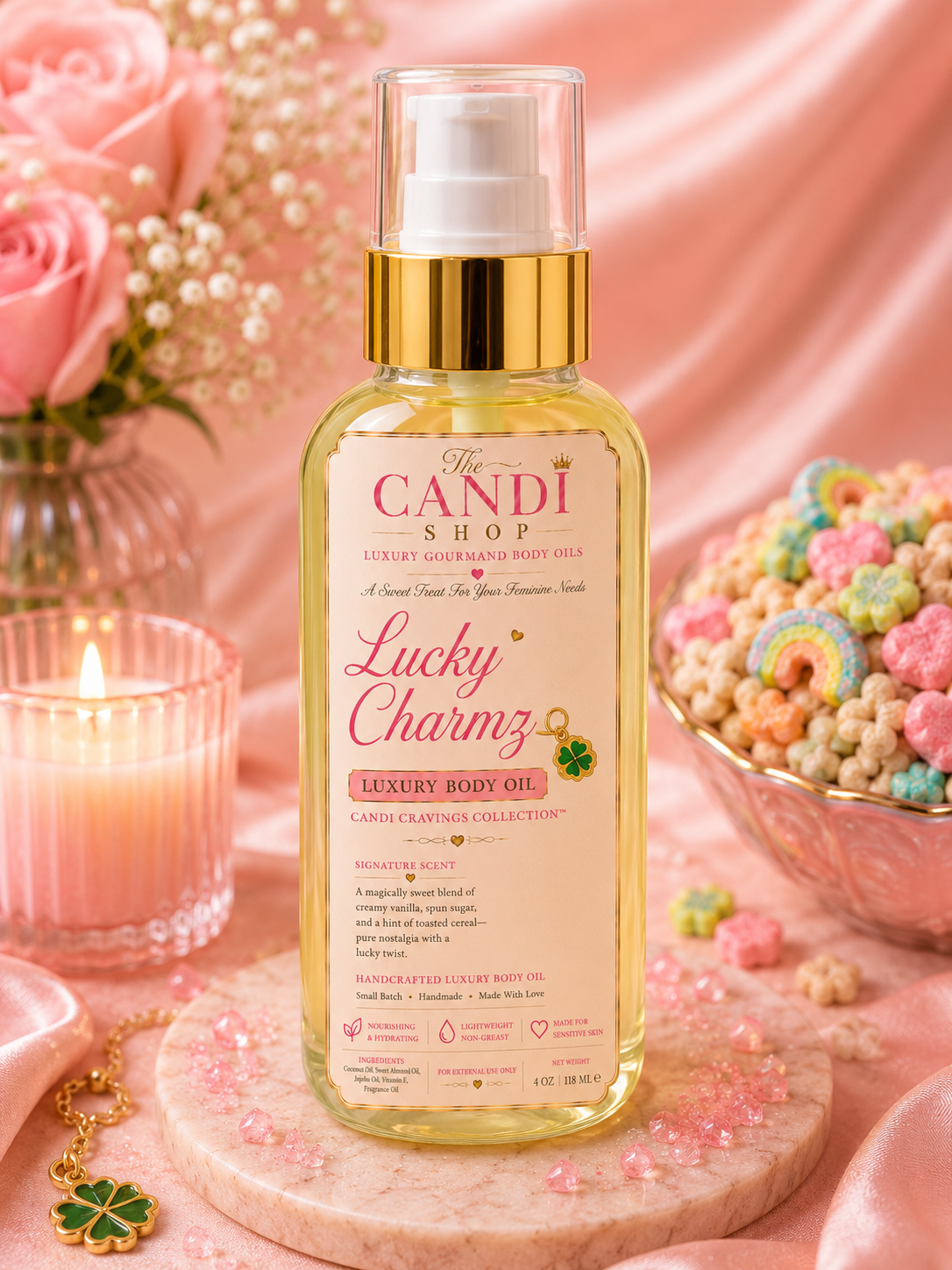 A bottle of Candi Shop Lucky Charmz Luxury Body Oil is displayed on a pink marble coaster, surrounded by pink roses, a lit candle, and a bowl of colorful cereal in a soft pink setting.