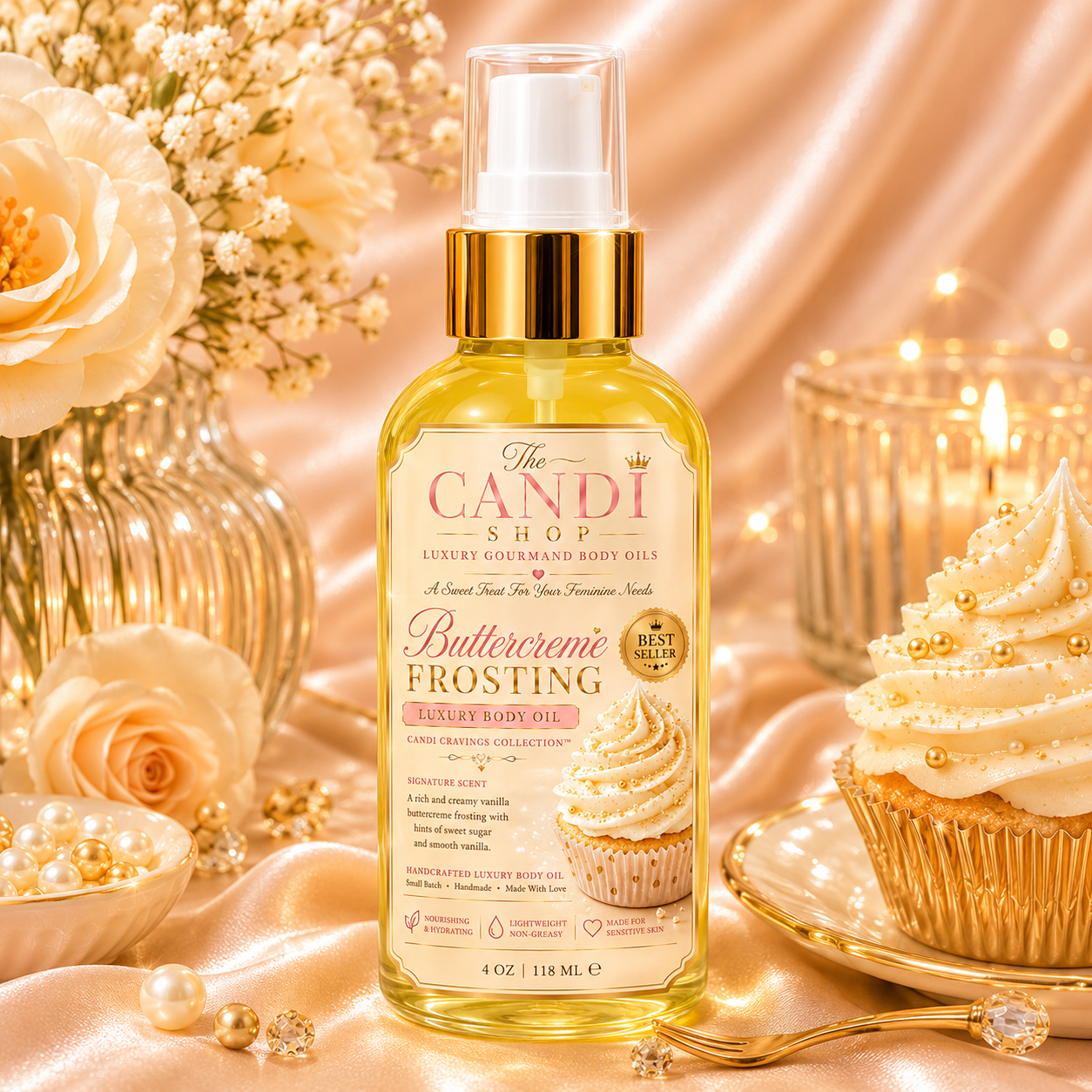 A bottle of The Candi Shop Buttercreme Frosting Luxury Gourmoud Body Oils, styled on a champagne-colored satin background with a cupcake, pearls, and flowers.