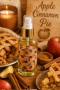 A bottle of 'The Candle Store' Apple Cinnamon Pie body oil is displayed in a cozy, autumn-themed setting with apple pie, cinnamon sticks, sliced apples, and a lit candle.