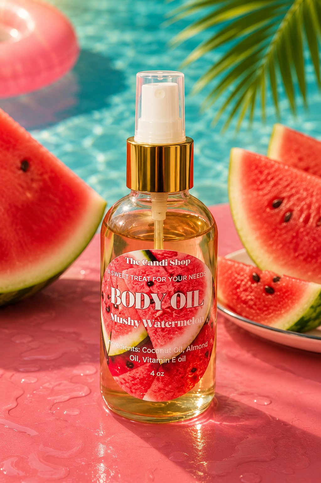 A bottle of The Candi Shop Slushy Watermelon Luxury Body Oil, filled with yellow oil and featuring a gold collar, set against a pink satin background with watermelon slices, pink flowers, and pink bath salts.