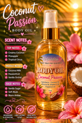 A bottle of Coconut Passion Body Oil by The Sweet Candy Shop, filled with golden oil and featuring a gold pump collar, set against a tropical background with pink flowers, a coconut, and a warm glowing ambiance. The left side includes a detailed scent notes infographic.
