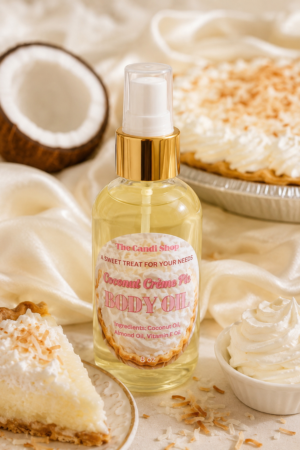 A bottle of coconut cream pie body oil by TheCandleShop.com, styled with a slice of pie, a whole coconut, whipped cream, and a pie crust on a draped cream fabric background.