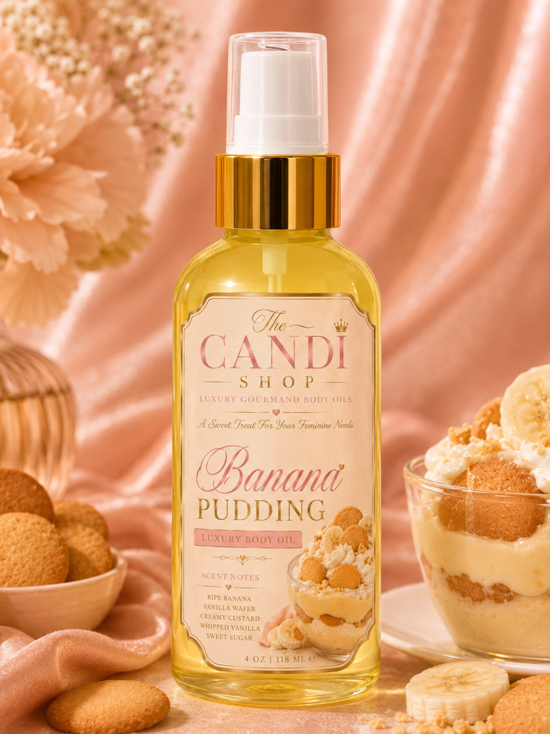 A bottle of The Candi Shop Banana Pudding Sweet & Sour essential oil mist, filled with yellow liquid and featuring a gold collar, set against a soft peach fabric backdrop with banana, cookies, and dessert props.
