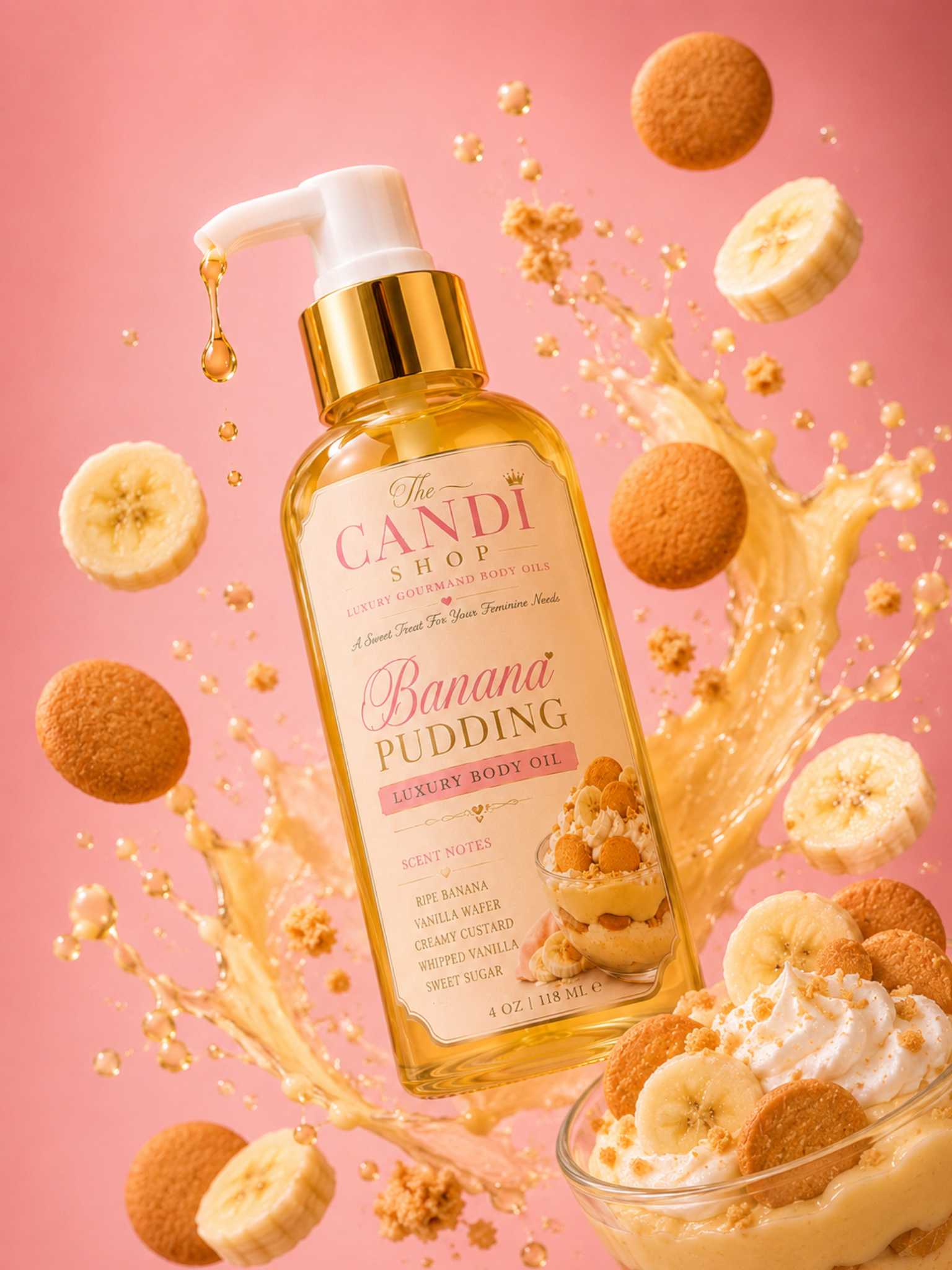 A bottle of The Candi Shop Banana Pudding scented body oil floating in a stylized scene with banana slices, cookie pieces, and a splash of golden liquid on a pink background.