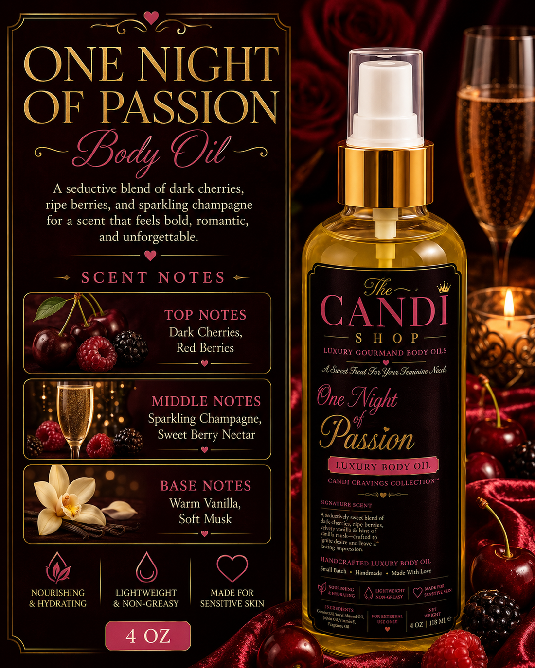 A bottle of 'The Candi Shop' One Night of Passion Luxury Body Oil is shown next to a detailed scent notes infographic card. The bottle is amber glass with a gold pump and collar, filled with golden oil.