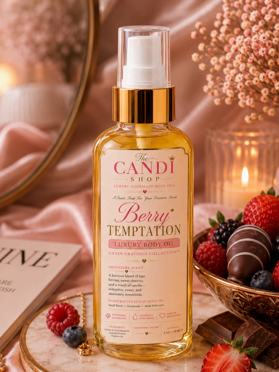 A bottle of Berry Temptation luxury body oil by The Candi Shop, styled in a warm, luxurious setting with strawberries, chocolate, a mirror, and soft pink fabric.