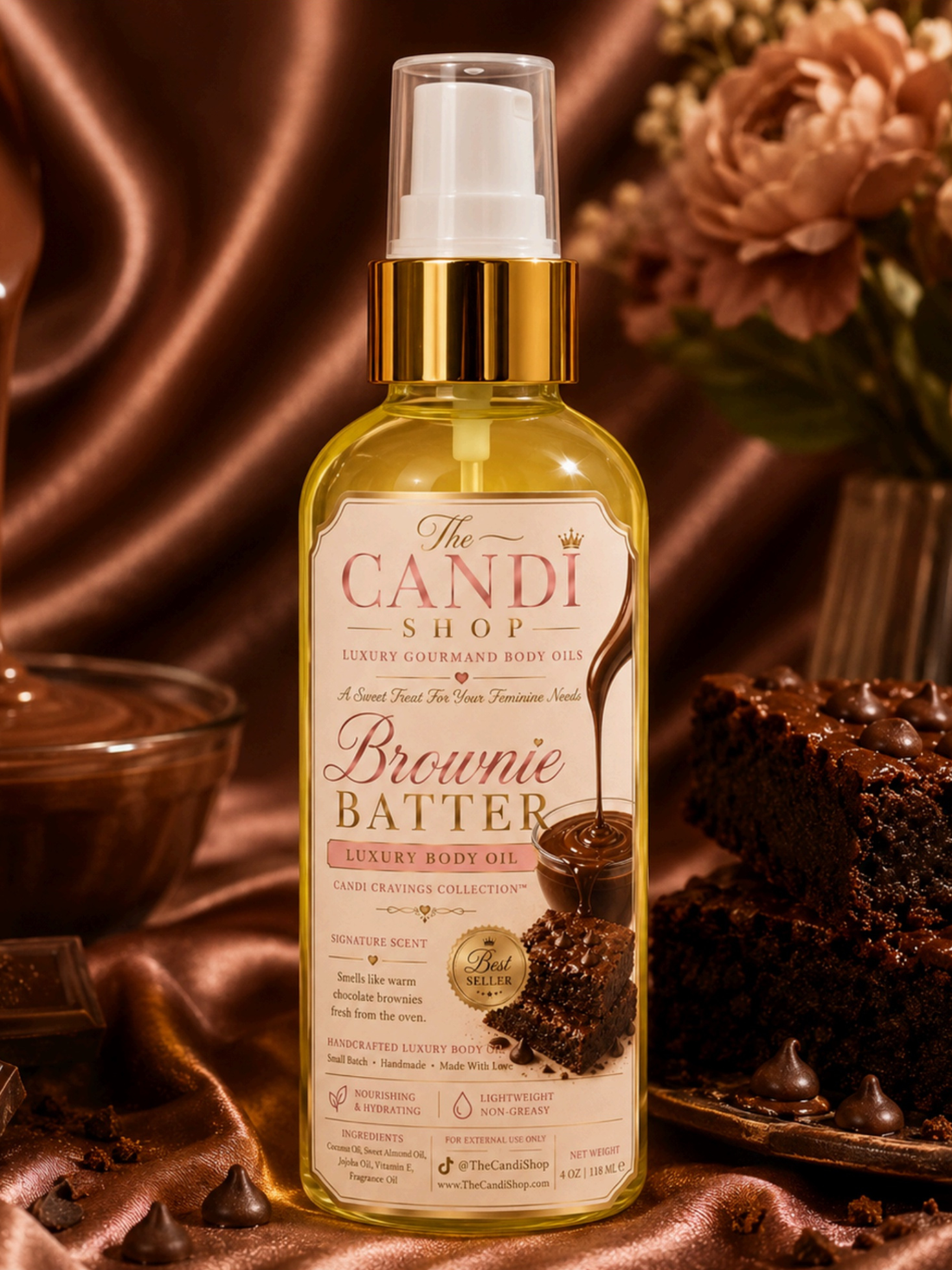 A bottle of The Candi Shop Brownie Batter Luxury Body Oil, featuring a golden-yellow liquid, a white and gold spray pump, and a detailed brownie-themed label. The bottle is styled on a brown satin fabric background with chocolate pieces and a brownie cake visible in the blurred foreground and background.