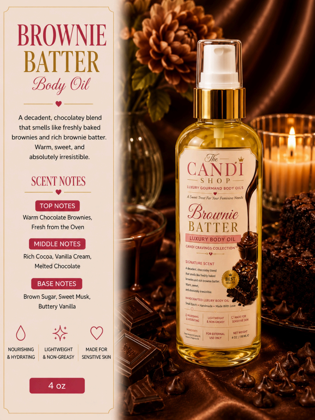A bottle of The Candi Shop Brownie Batter Luxury Body Oil, featuring a golden-yellow liquid, a white and gold spray pump, and a detailed brownie-themed label. The bottle is styled on a brown satin fabric background with chocolate pieces and a brownie cake visible in the blurred foreground and background.