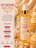 A bottle of Buttercreme Frosting Body Oil by The Candi Shop, displayed alongside descriptive text and decorative cupcakes on a warm, golden satin background.