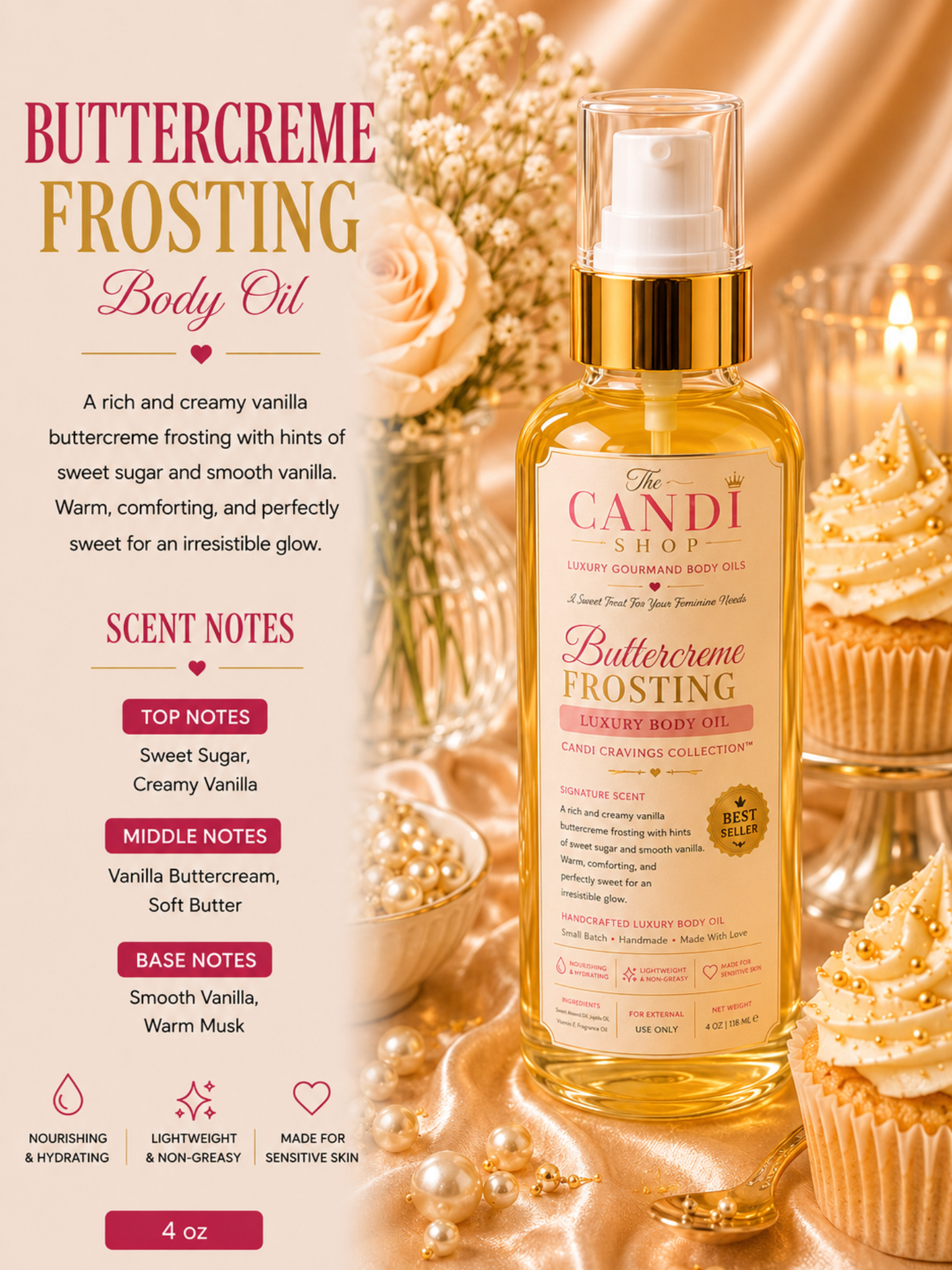 A bottle of Buttercreme Frosting Body Oil by The Candi Shop, displayed alongside descriptive text and decorative cupcakes on a warm, golden satin background.