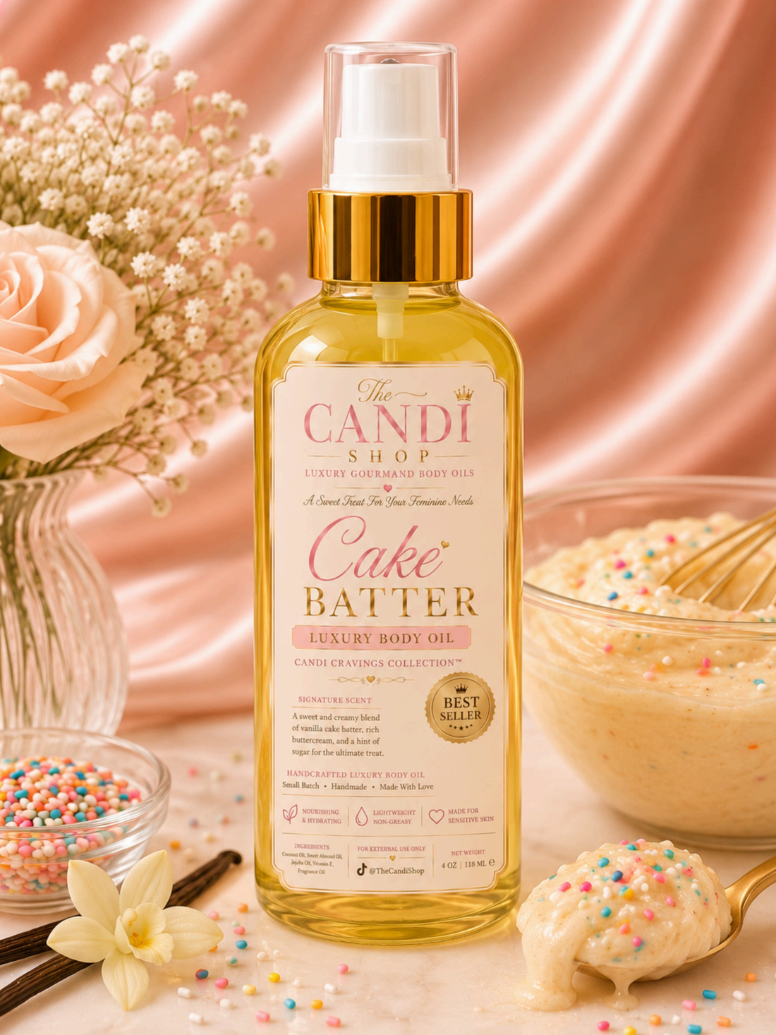 A bottle of 'The Candi Shop' Cake Batter Luxury Body Oil centered in a styled flat-lay composition with pink satin fabric, a peach rose, baby's breath, sprinkles, vanilla beans, and cake batter on a spoon.