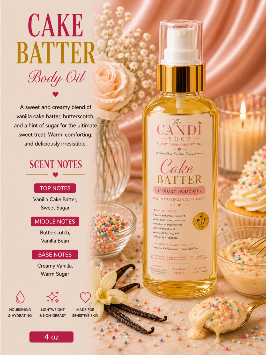 A bottle of 'The Candi Shop' Cake Batter Luxury Body Oil centered in a styled flat-lay composition with pink satin fabric, a peach rose, baby's breath, sprinkles, vanilla beans, and cake batter on a spoon.