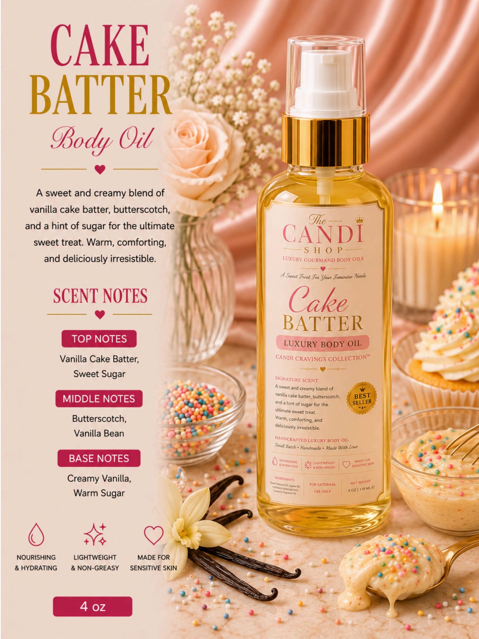 A bottle of The Candi Shop 'Cake Batter' Luxury Body Oil is displayed in a styled studio setting with cupcakes, vanilla beans, and a warm pink satin background. The left side features a text panel detailing the scent notes of vanilla cake batter, buttercups, and vanilla bean.