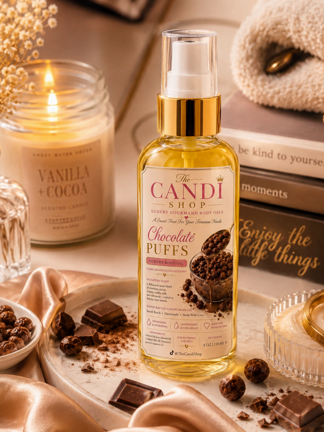 A bottle of The Candi Shop Chocolate Puffs body oil stands on a marble tray surrounded by chocolate pieces, dried flowers, a lit candle, and a folded towel. The bottle has a gold pump and clear cap, with a cream label showing chocolate imagery.