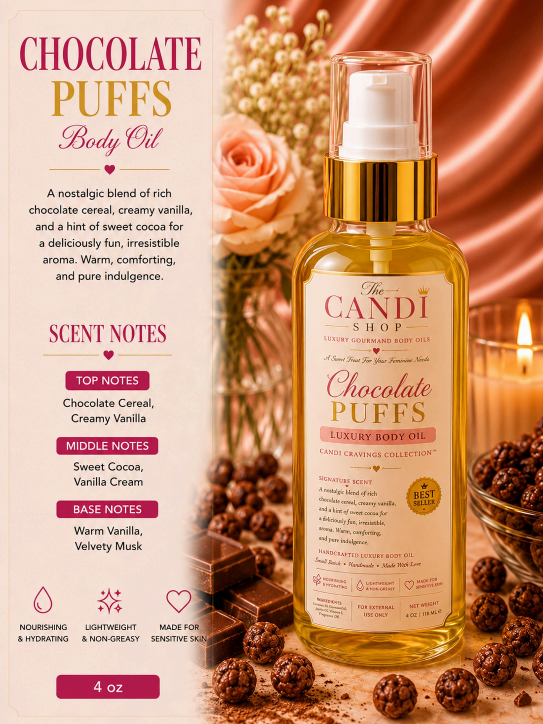 A bottle of The Candi Shop Chocolate Puffs body oil stands on a marble tray surrounded by chocolate pieces, dried flowers, a lit candle, and a folded towel. The bottle has a gold pump and clear cap, with a cream label showing chocolate imagery.
