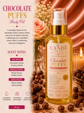 A bottle of The Candi Shop Chocolate Puffs Body Oil is shown in a styled product shot with chocolate pieces, a candle, and a warm rose background. The left side features a text panel detailing the scent notes: chocolate cereal, creamy vanilla, sweet cocoa, and vanilla cream.