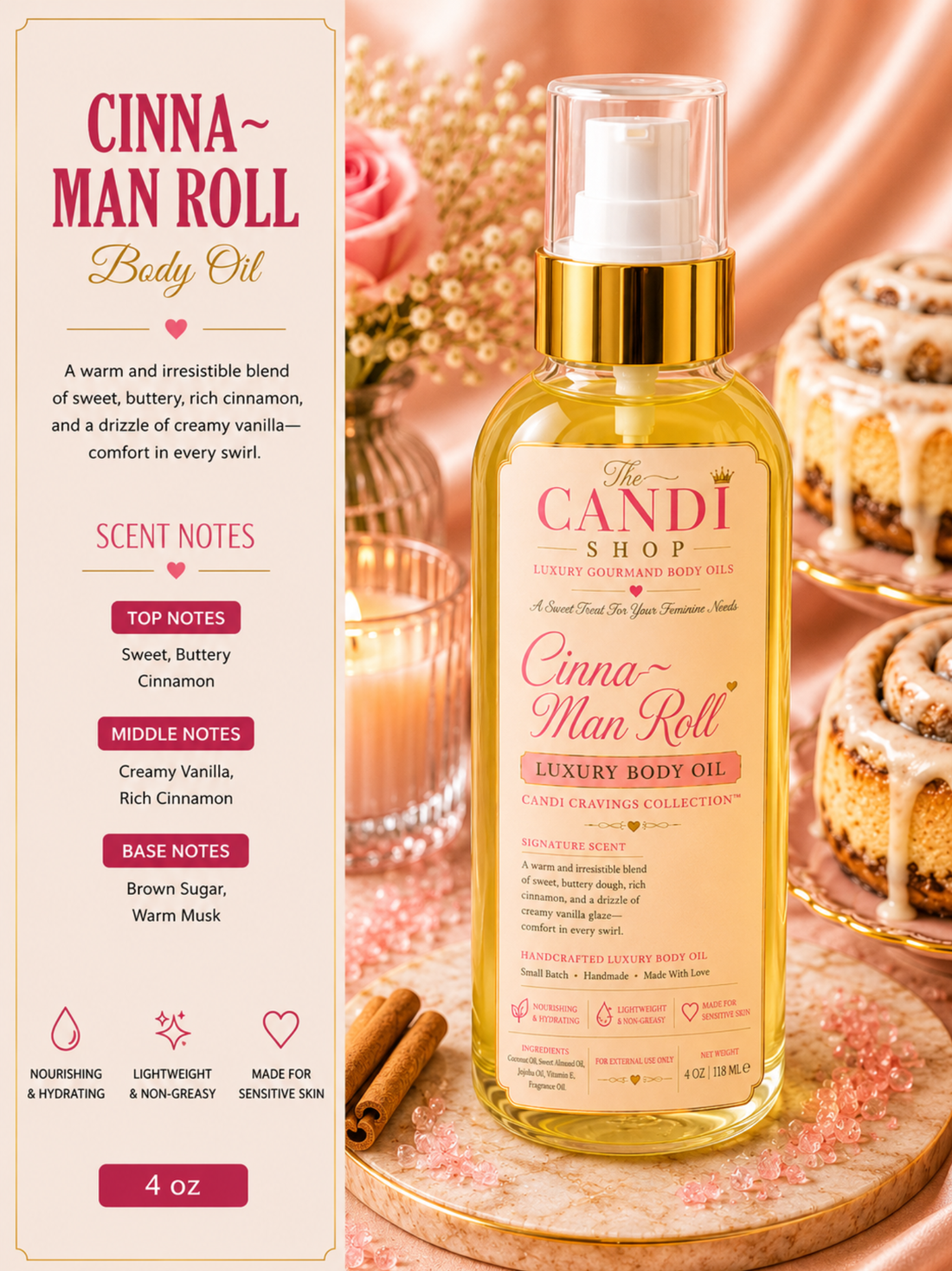 A bottle of Candi Shop Cinnamon Roll Luxury Body Oil stands on a marble board in a cozy, warm setting with candles, pink roses, cinnamon rolls, and a hot coffee cup.