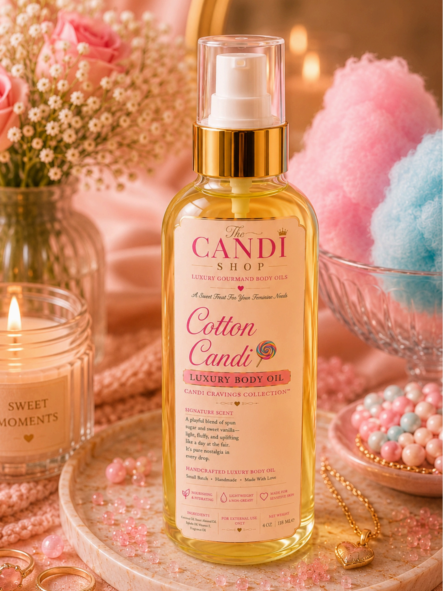 A bottle of The Candi Shop Cotton Candy Luxury Body Oil stands on a marble tray surrounded by pink decorative props, including a lit candle, flowers, cotton candy, and pearls, in a warm, soft-focus setting.