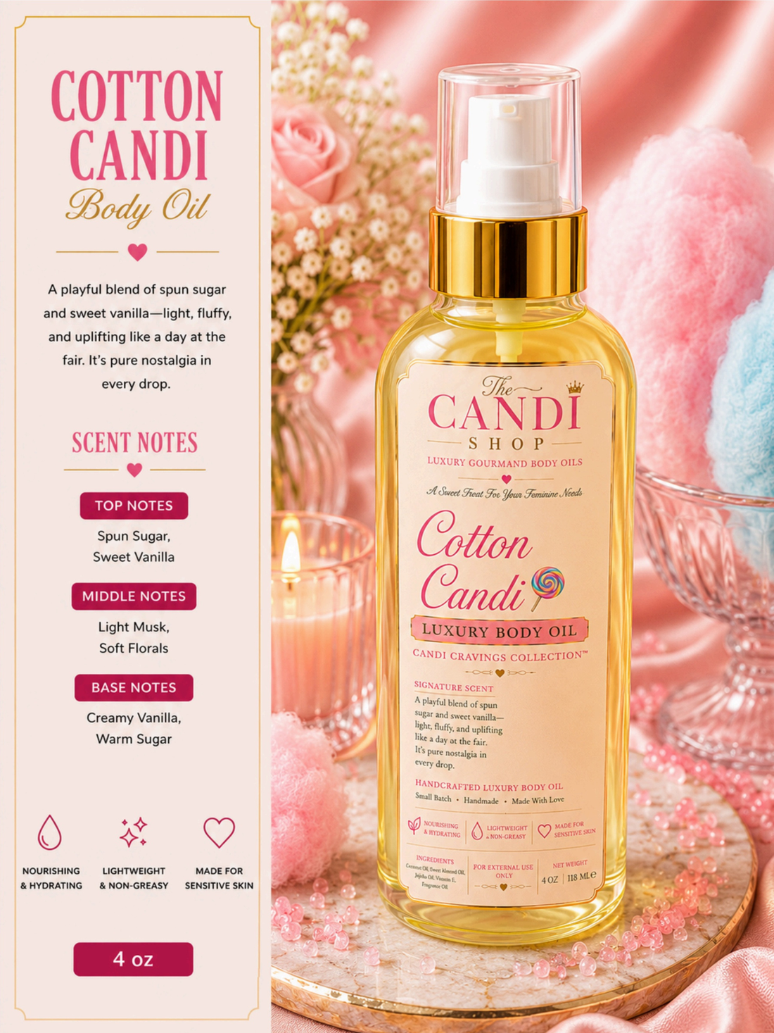 A bottle of The Candi Shop Cotton Candy Luxury Body Oil stands on a marble tray surrounded by pink decorative props, including a lit candle, flowers, cotton candy, and pearls, in a warm, soft-focus setting.