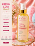 A bottle of The Candi Shop Cotton Candi Luxury Body Oil with a gold pump and clear cap, shown next to a scent notes card detailing its cotton candy, spin sugar, and sweet vanilla fragrance profile.