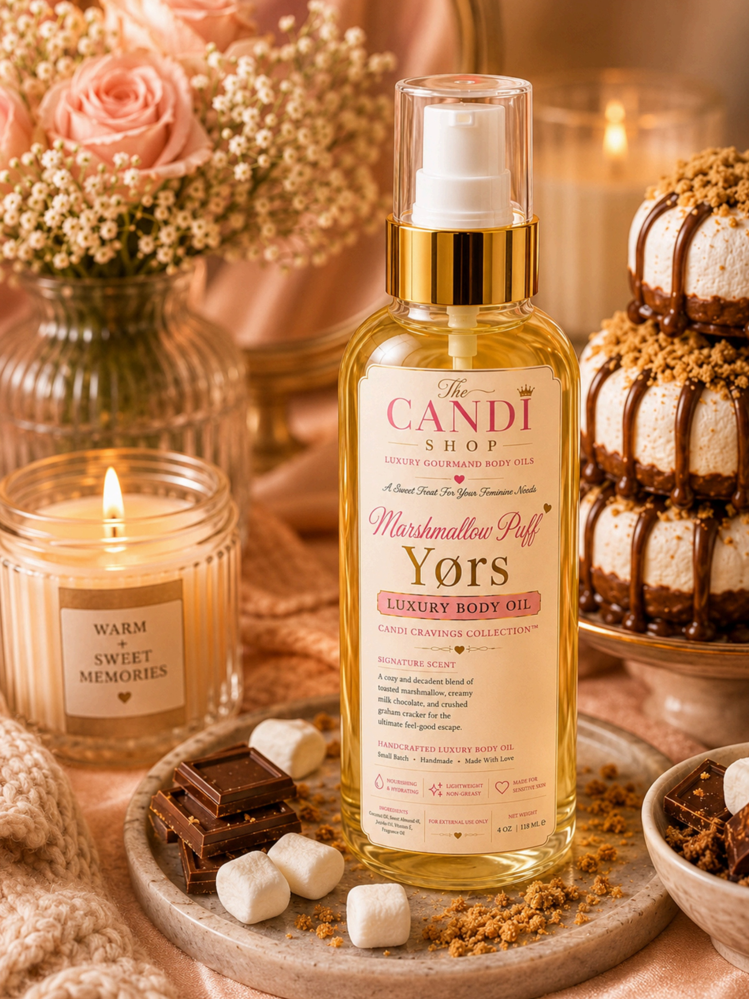 A bottle of The Candy Shop Yors Marshmallow Puff Luxury Body Oil stands on a marble tray with chocolate pieces, marshmallows, and crumbs, surrounded by a lit candle, dried flowers, and a dessert in a warm, cozy setting.