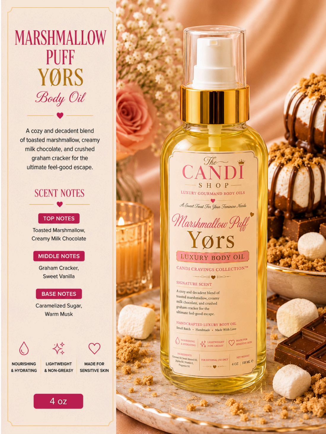 A bottle of The Candy Shop Yors Marshmallow Puff Luxury Body Oil stands on a marble tray with chocolate pieces, marshmallows, and crumbs, surrounded by a lit candle, dried flowers, and a dessert in a warm, cozy setting.