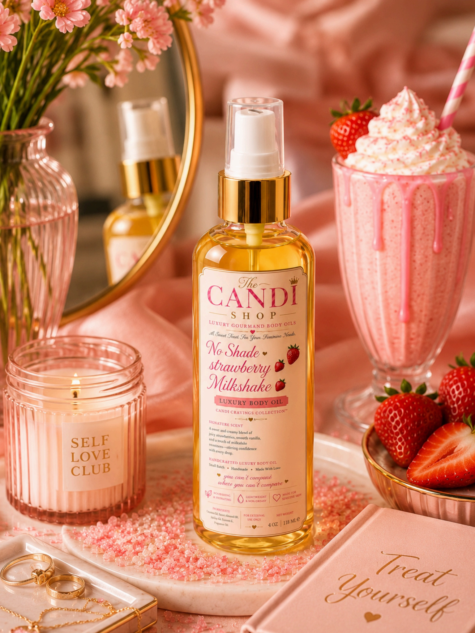 A bottle of The Candi Shop No Shade Strawberry Milkshake body oil stands on a pink tray in a styled beauty setting. The scene includes a pink candle jar labeled Self Love Club, a pink milkshake topped with whipped cream and a straw, strawberries, a mirror, and a card that says Treat Yourself.
