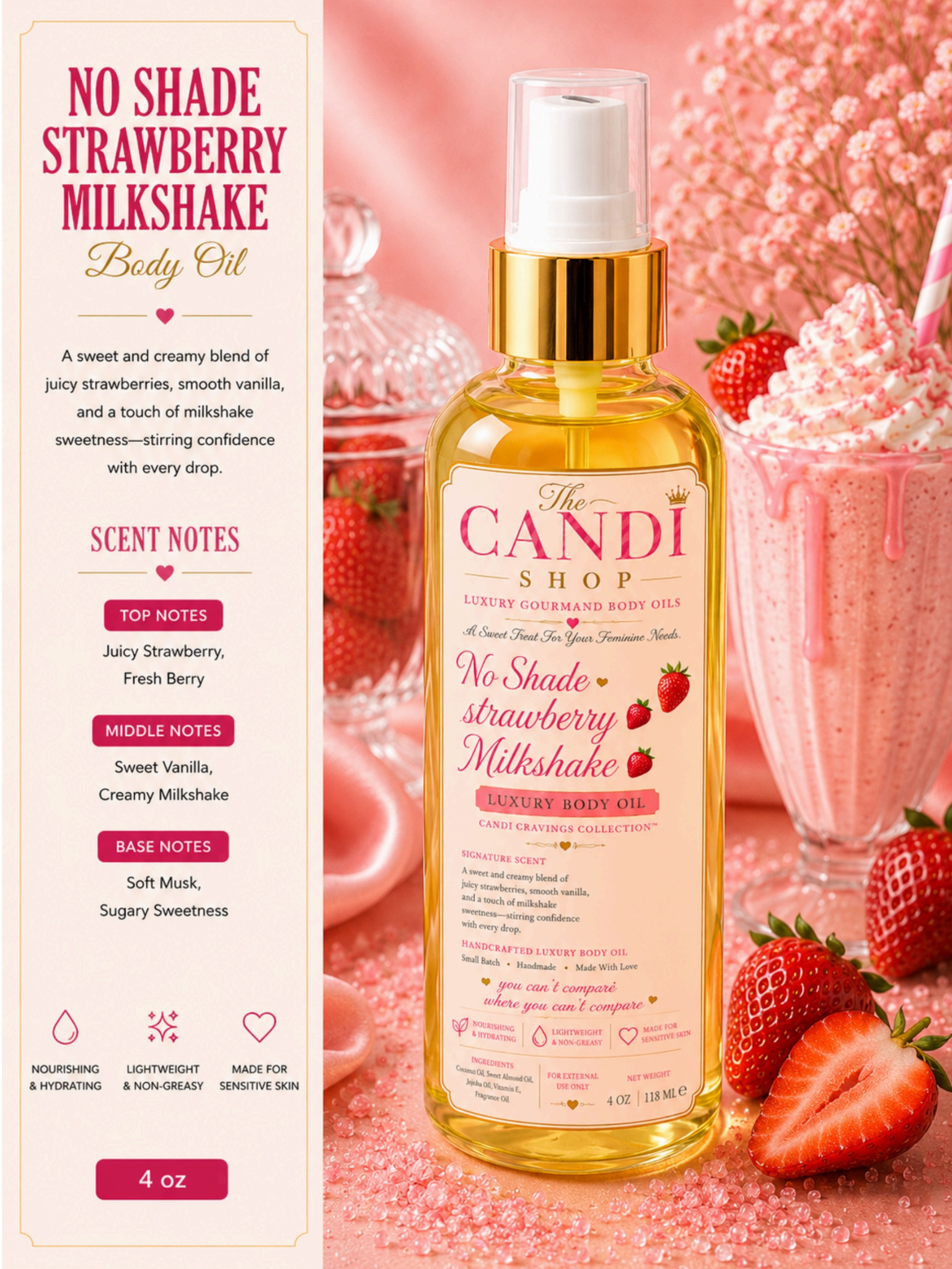 A bottle of body oil from The Candi Shop, labeled 'No Shade Strawberry Milkshake', displayed next to a scent notes graphic. The bottle is filled with golden-yellow oil and has a gold collar, set against a pink background with strawberries and a pink drink.