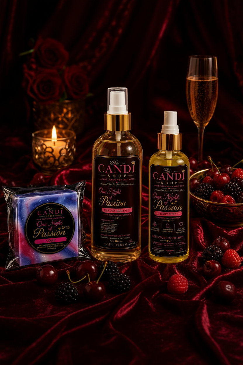 Two bottles of Candi's 'The Passion' body mist and a packaged matching body mist are arranged on dark red velvet with candles, a champagne flute, and berries. The bottles have gold caps and black labels with pink text, while the packaged mist has a blue-to-pink gradient label.