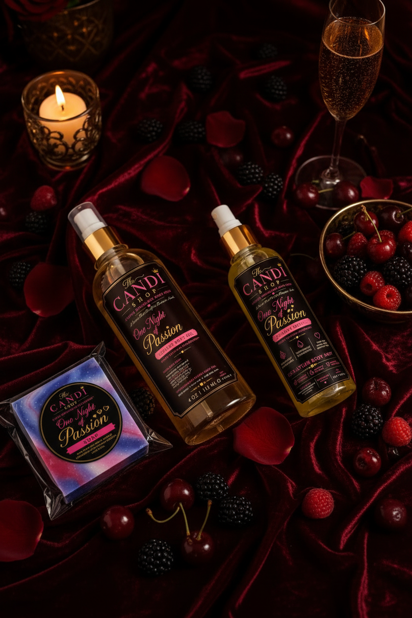 Two bottles of Candi's 'The Passion' body mist and a packaged matching body mist are arranged on dark red velvet with candles, a champagne flute, and berries. The bottles have gold caps and black labels with pink text, while the packaged mist has a blue-to-pink gradient label.