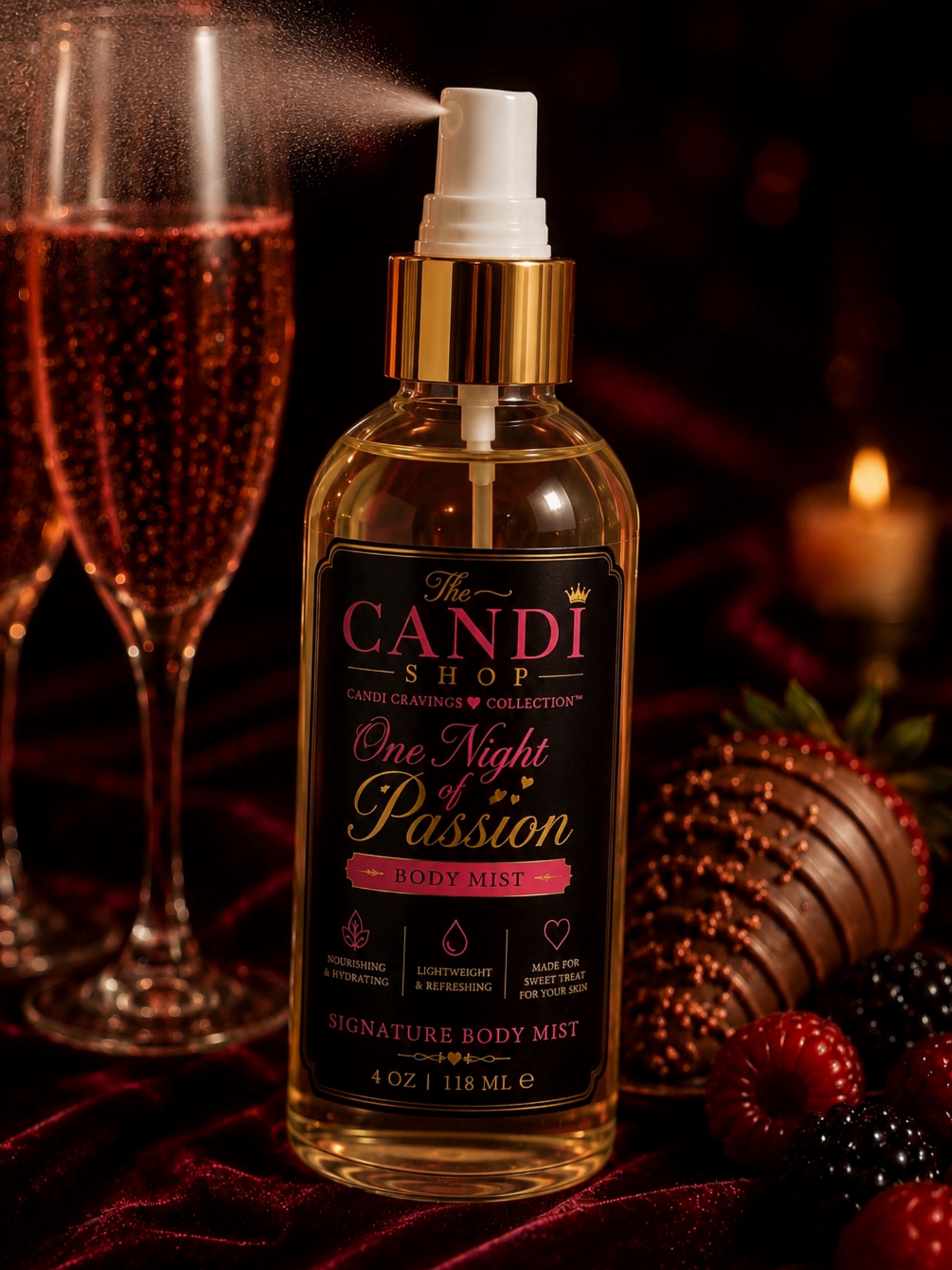 A bottle of 'The Candi Shop' One Night of Passion Body Mist is shown in a dark, festive setting with a champagne flute, candles, and berries. The bottle has a black label with gold and pink lettering, a gold collar, and a white spray top.
