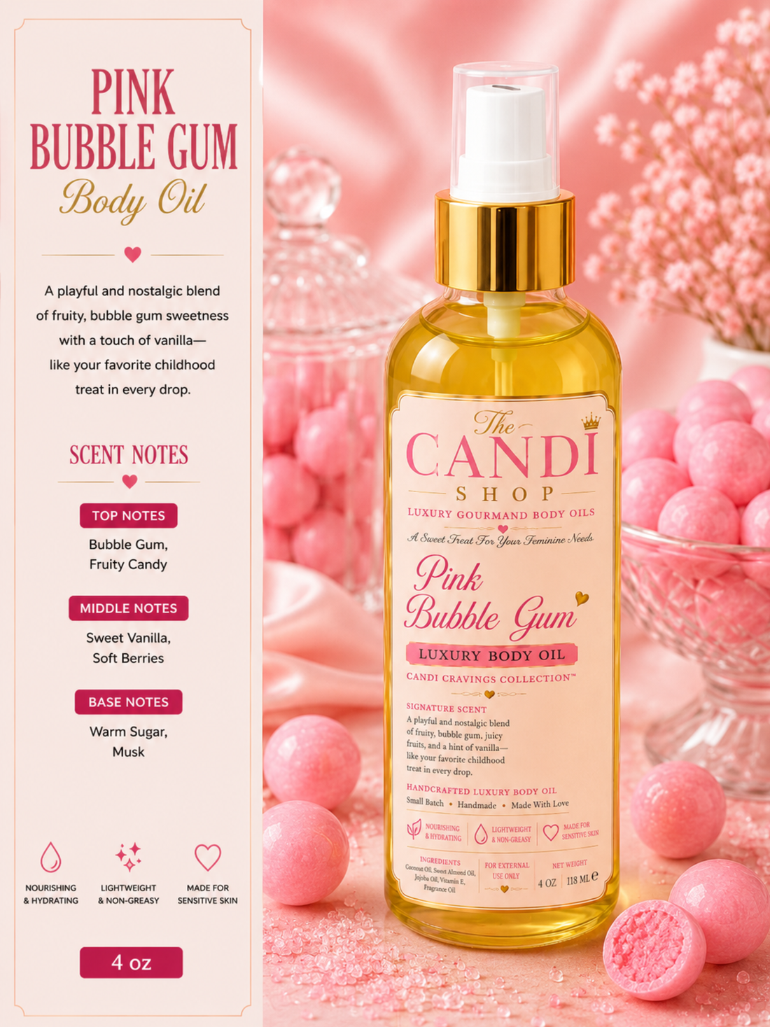 A bottle of The Candi Shop Pink Bubble Gum Luxury Body Oil centered on a marble tray, surrounded by pink bath-themed props including a candle, bowl of pink bath balls, dried flowers, and a notebook in a soft pink lifestyle setting.