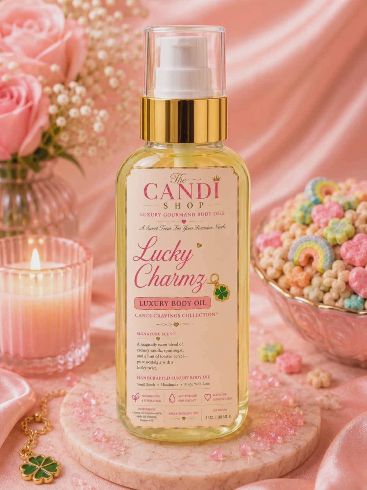 Lucky Charmz marshmallow cereal body oil beside colorful cereal and sweet pink bakery decor
