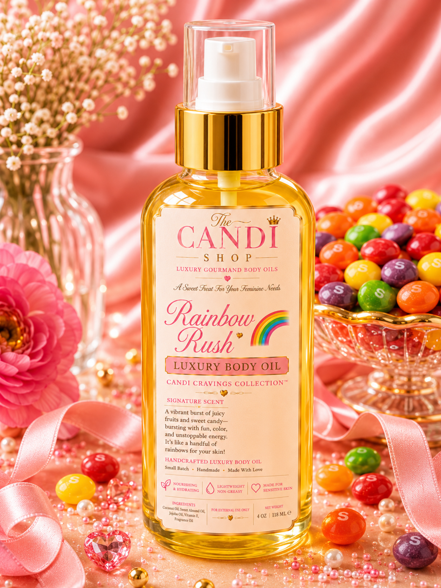A bottle of The Candi Shop Rainbow Rush Luxury Body Oil centered in a styled scene with pink satin fabric, flowers, pearls, candy, and ribbon. The product is a clear bottle filled with golden-yellow oil, topped with a white pump and gold collar, and the front label reads 'The Candi Shop' and 'Rainbow Rush'.